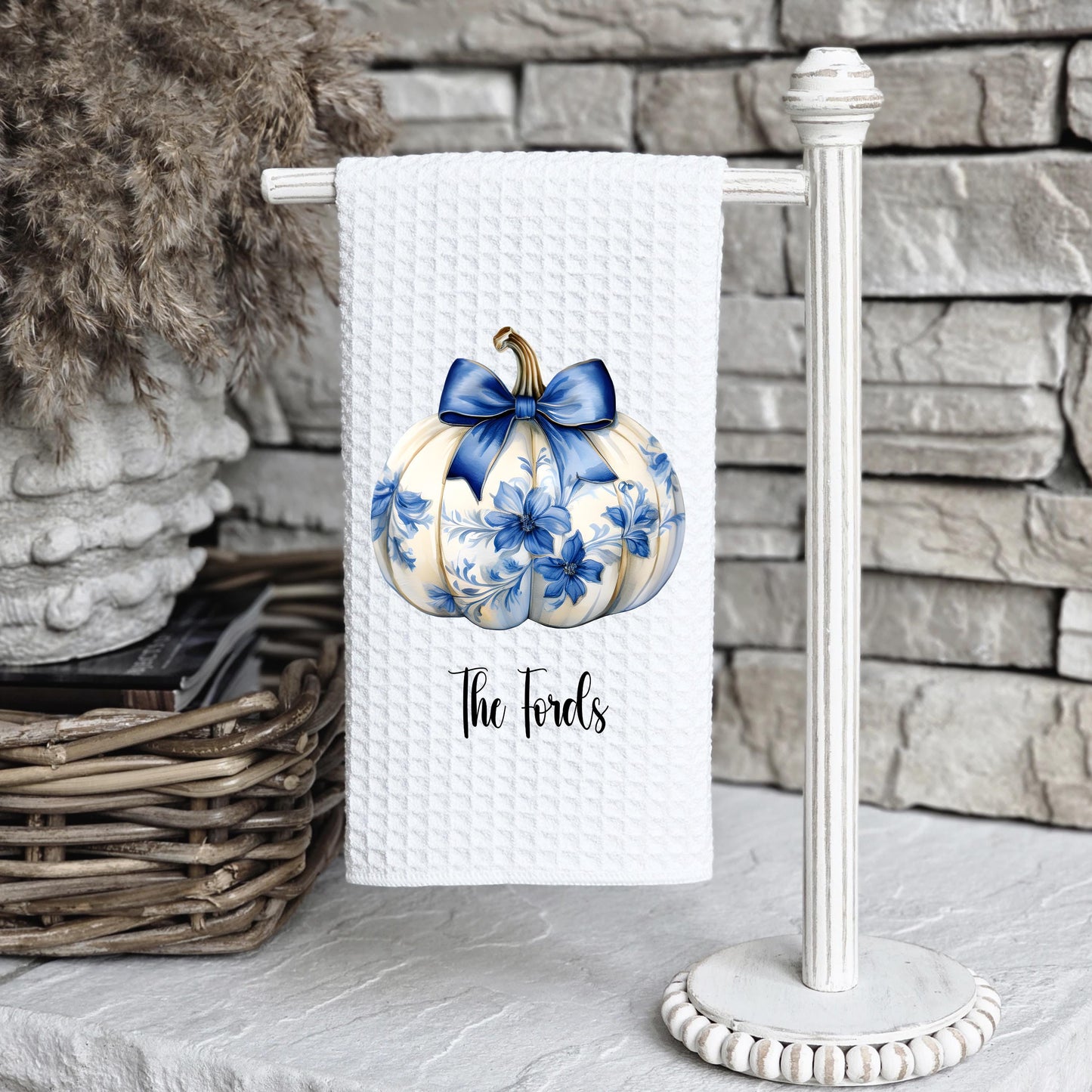 Custom Waffle Weave Towel with Chinoiserie Coquette Pumpkin Blue Bow Design