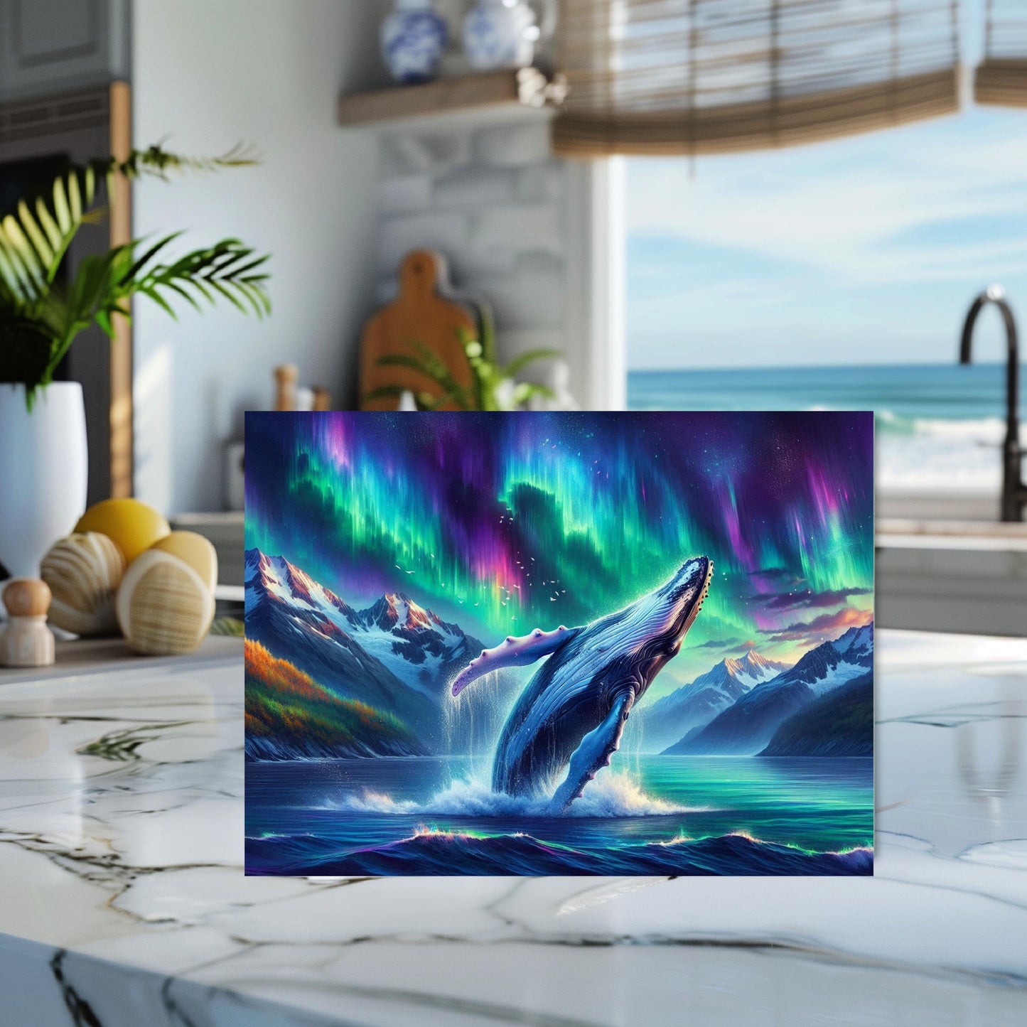 Humpback Whale Tempered Glass Cutting Board 11x15 Kitchen Art with Northern Lights Over Alaska Unique Ocean Wildlife Decor