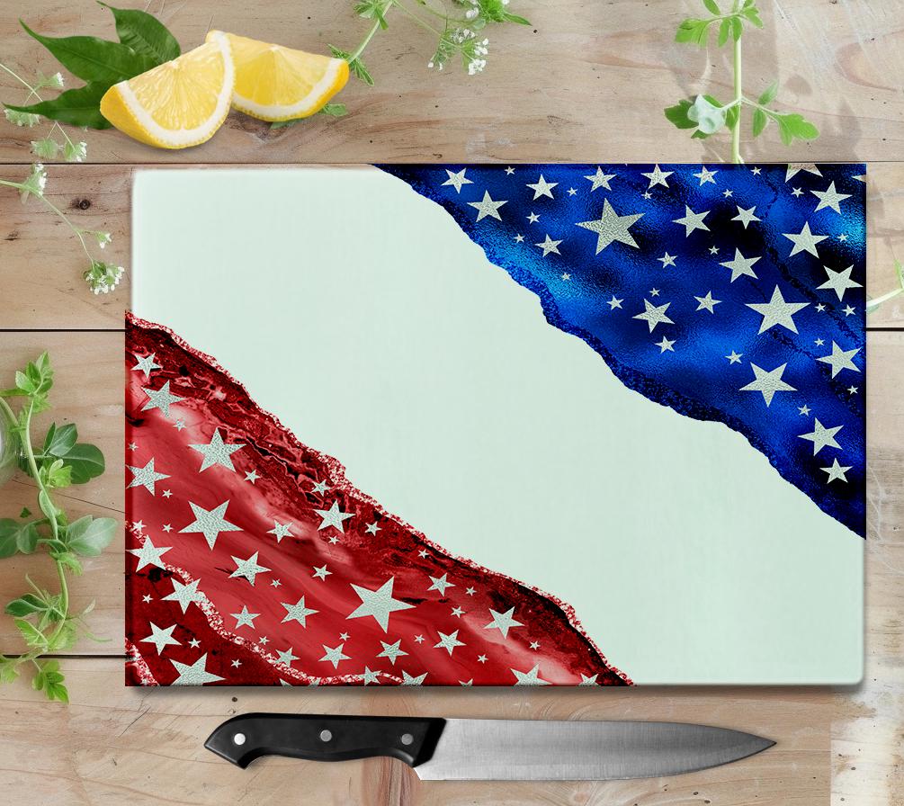 Patriotic Red White Blue Agate Glass Cutting Board for Kitchen Decor
