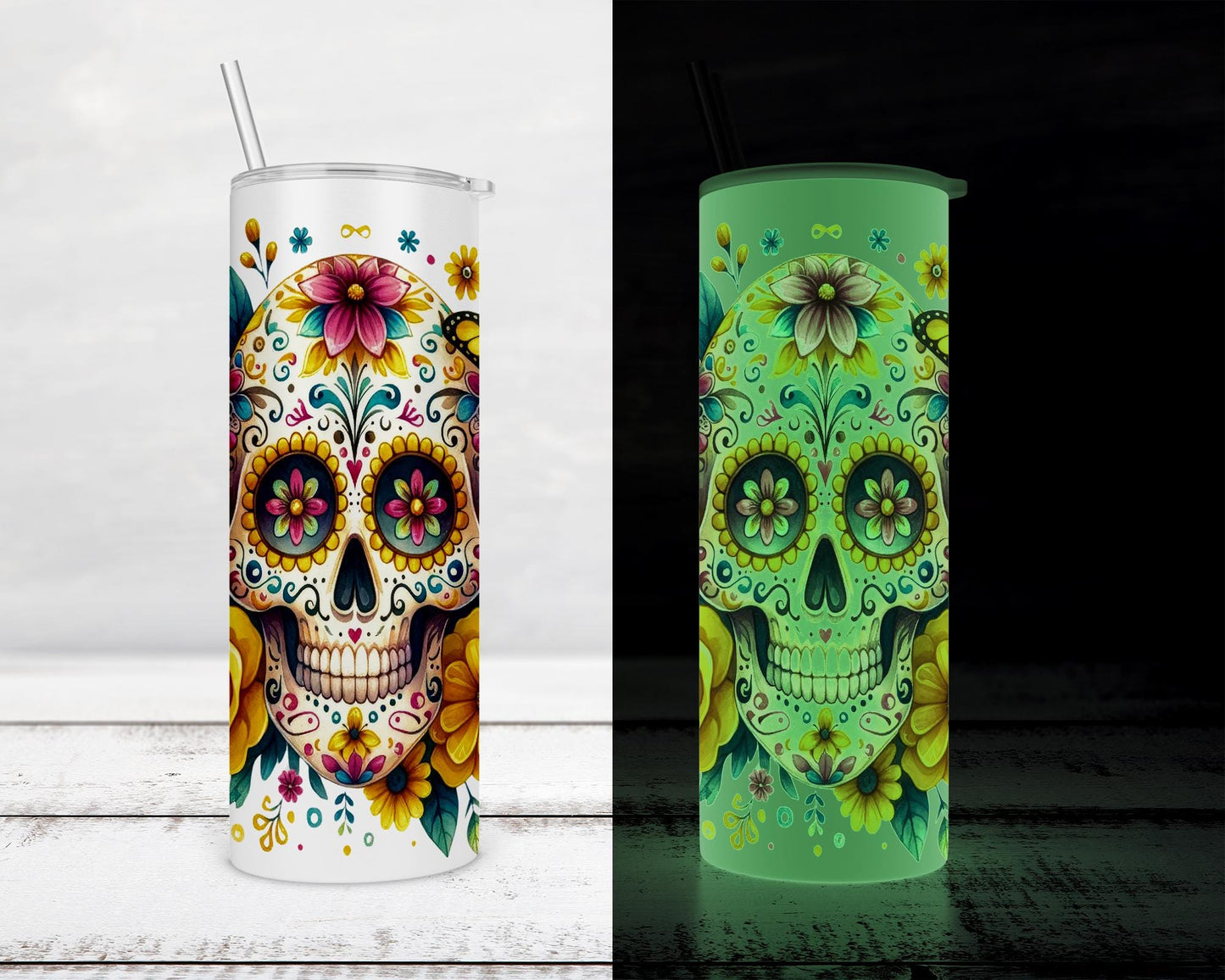 20oz Magical Glow Skull Tumbler - Unique Yellow Sugar Skull Cup for Spooky Chic Gifts