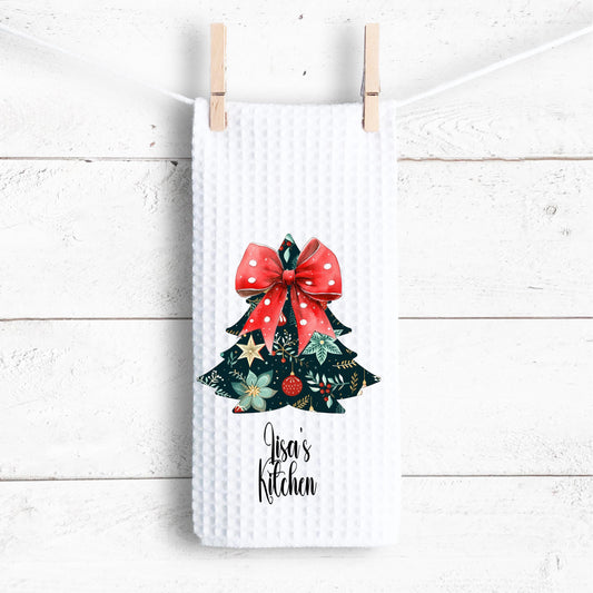 Floral Christmas Tree Kitchen Towel - Waffle Weave Microfiber for Holiday Cheer