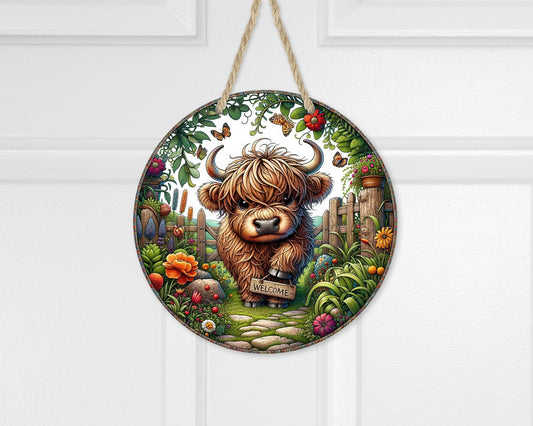 Colorful Baby Highland Cow Door Wreath - 10x10 Aluminum Round Sign with Floral Accents Whimsical Decor  Unique Gift for Cow Lovers