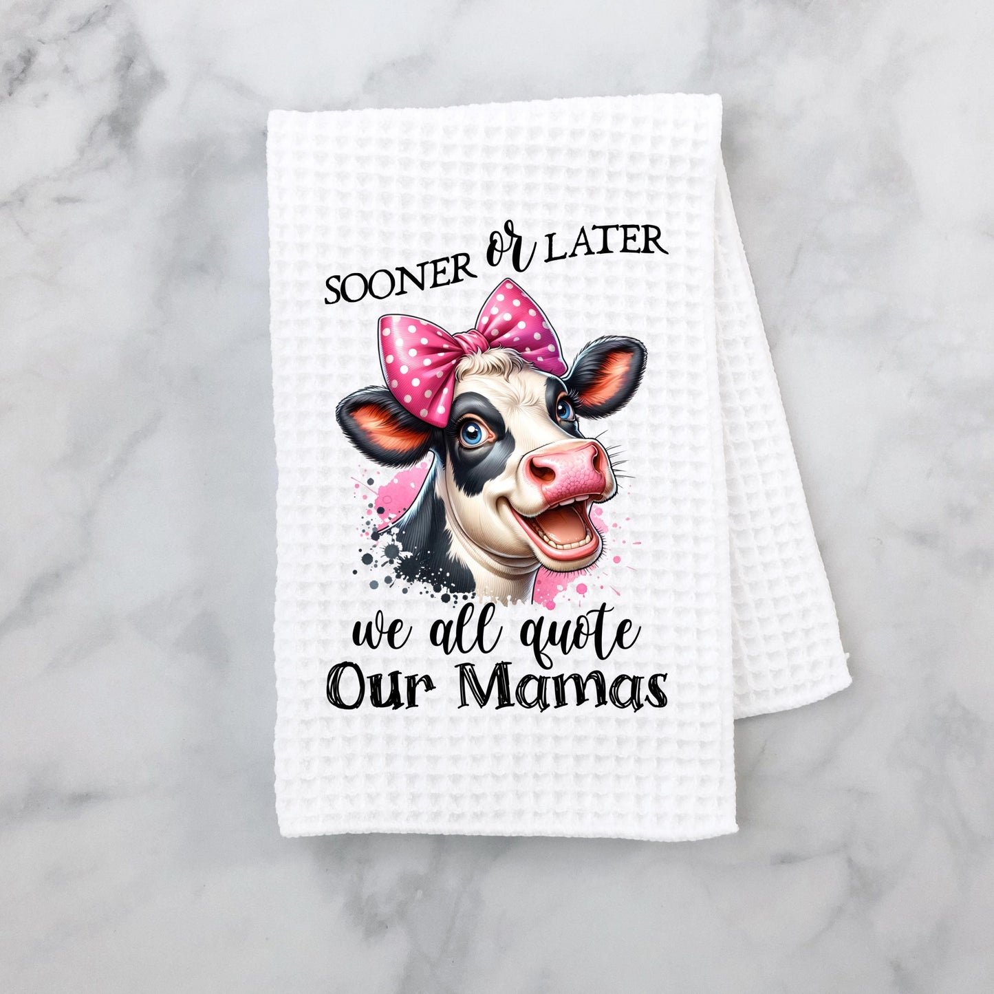 Witty Cow Head Kitchen Towel with Pink Bow Fun Quote for Moms Unique Gift for Daughters