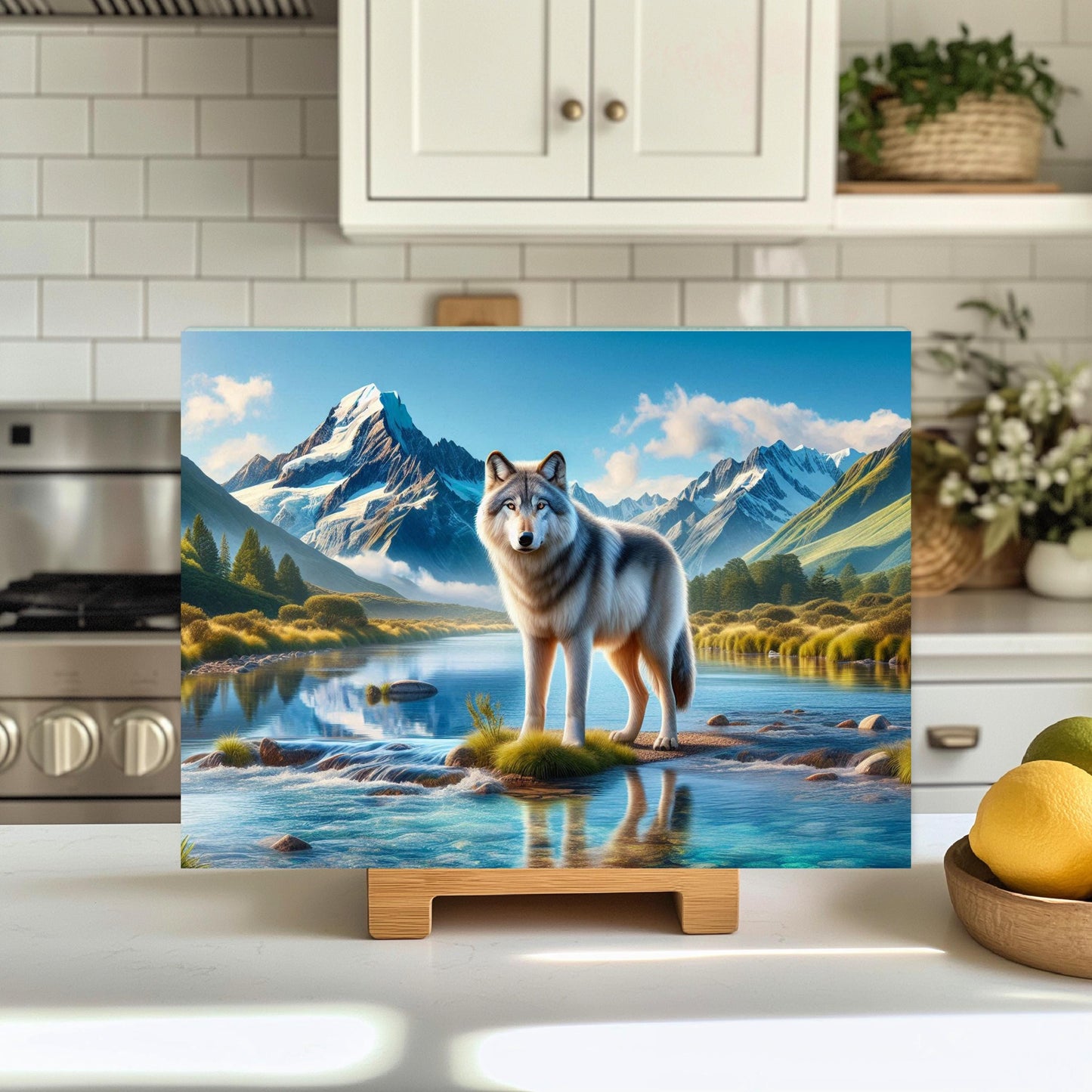 Wolf Art Cutting Board with Snow Capped Mountains Perfect Gift for Nature Lovers