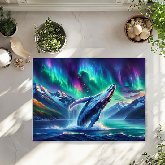 Humpback Whale Tempered Glass Cutting Board  11x15 Kitchen Art with Northern Lights Over Alaska Unique Ocean Wildlife Decor