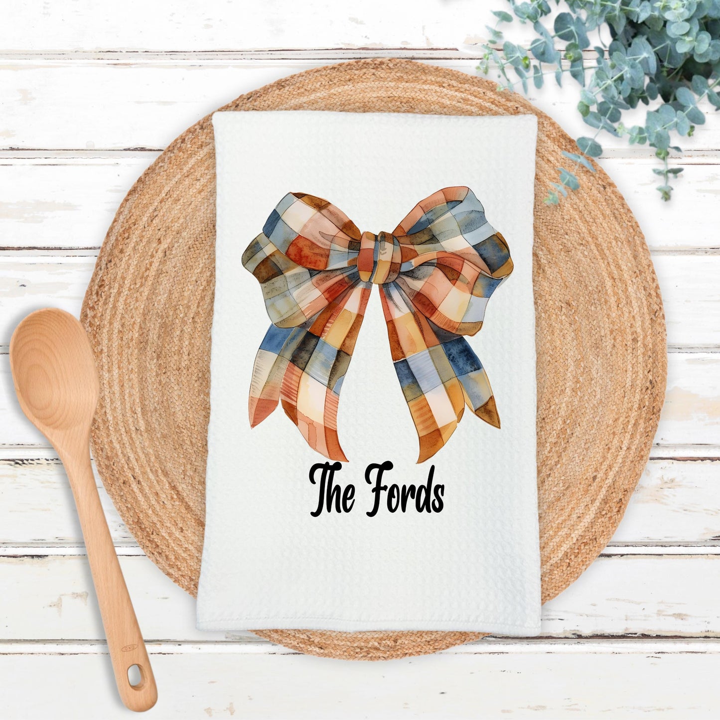 Personalized Gingham Bow Waffle Weave Towel - Custom Kitchen Decor Unique Autumn Gift for Her