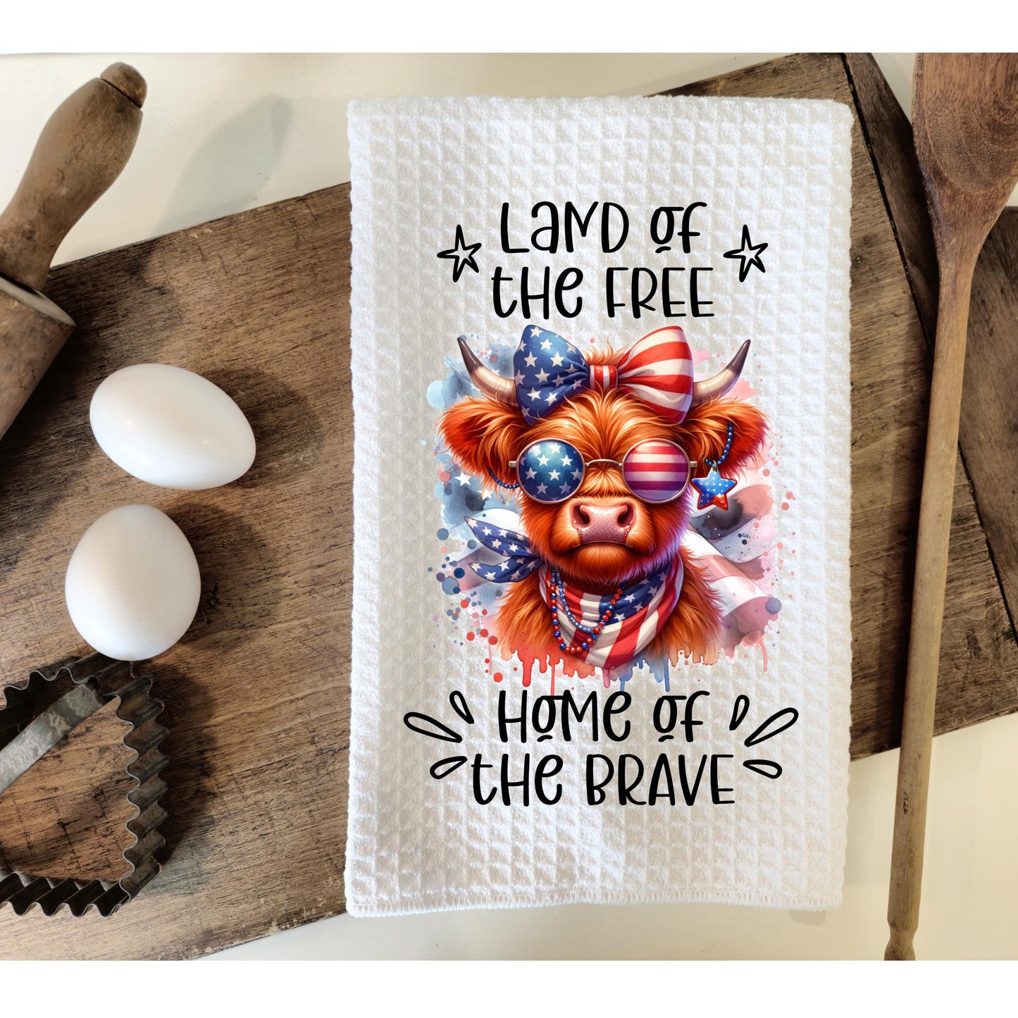 Patriotic Highland Cow Waffle Weave Towel - Unique Americana Kitchen Decor Hostess Gift for 4th of July