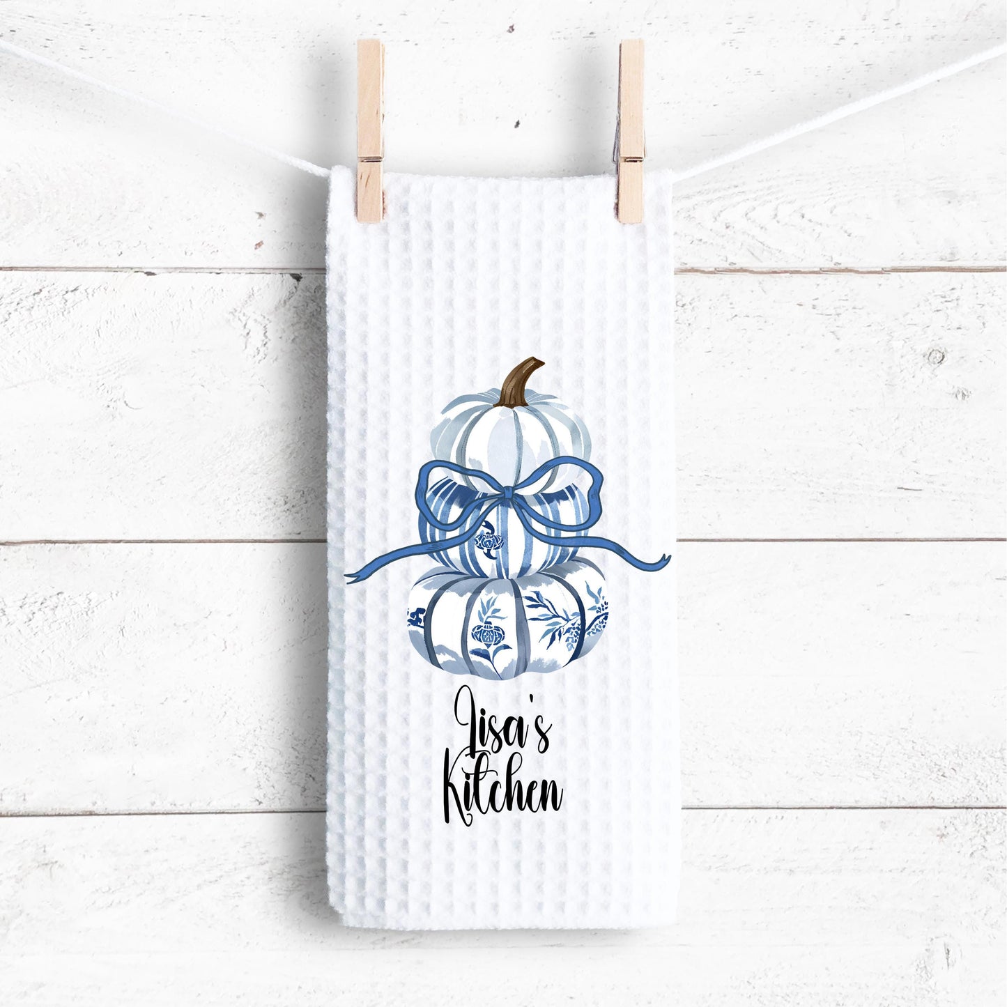 Personalized Blue Pumpkin Topiary Towel - 16x24 Waffle Weave Microfiber with Bow for Chinoiserie Fall Decor