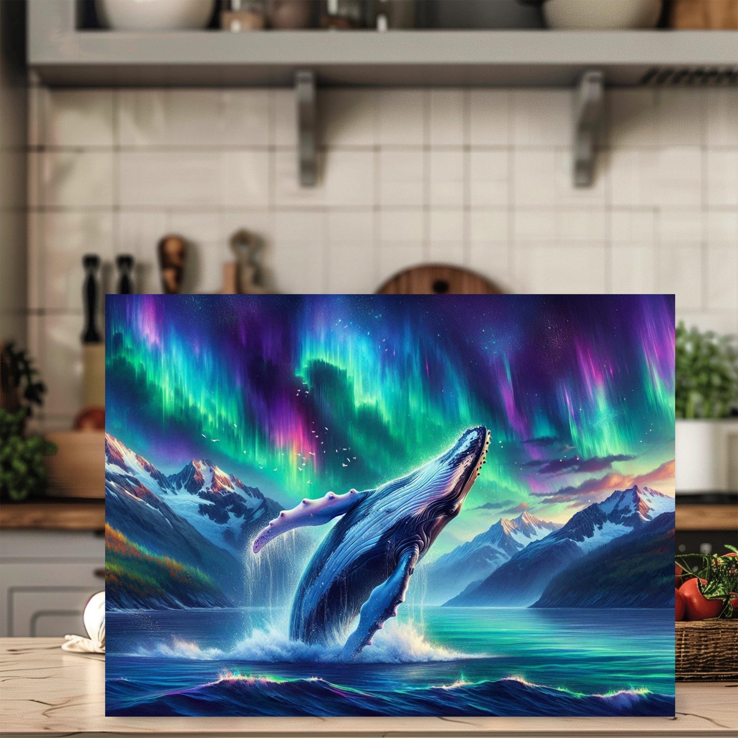 Humpback Whale Tempered Glass Cutting Board 11x15 Kitchen Art with Northern Lights Over Alaska Unique Ocean Wildlife Decor