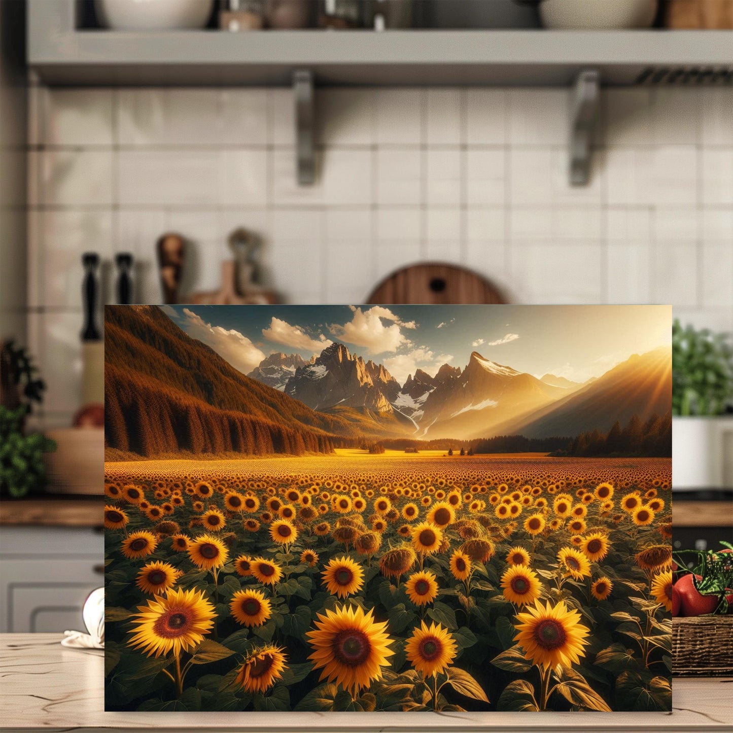 Sunflower Mountain Glass Cutting Board with Sunset Landscape Design
