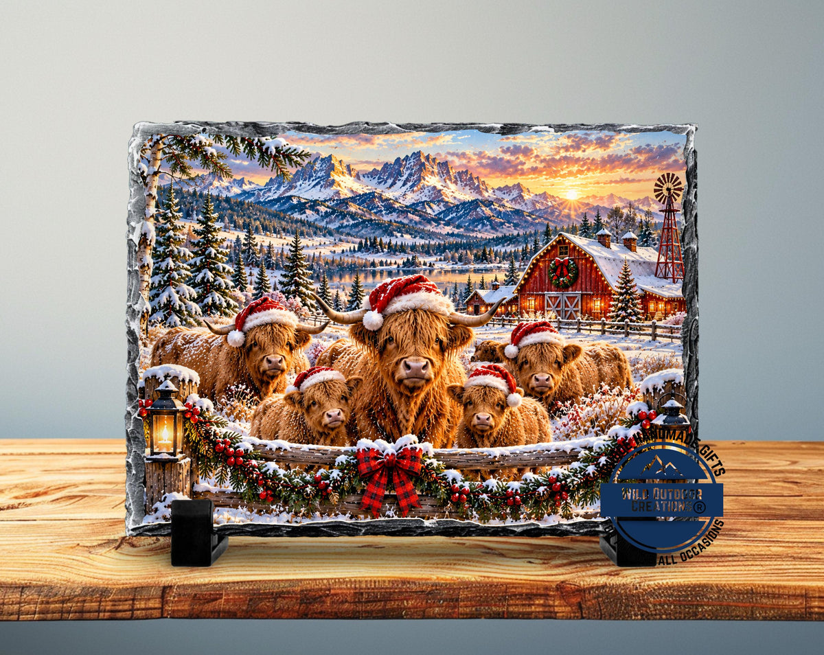 Highland Cow Decor, Christmas Slate Plaque, Santa Hat Cow Family