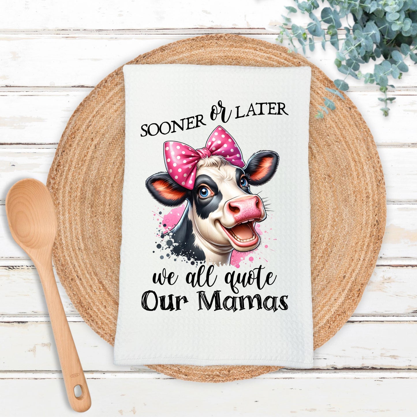 Witty Cow Head Kitchen Towel with Pink Bow Fun Quote for Moms Unique Gift for Daughters