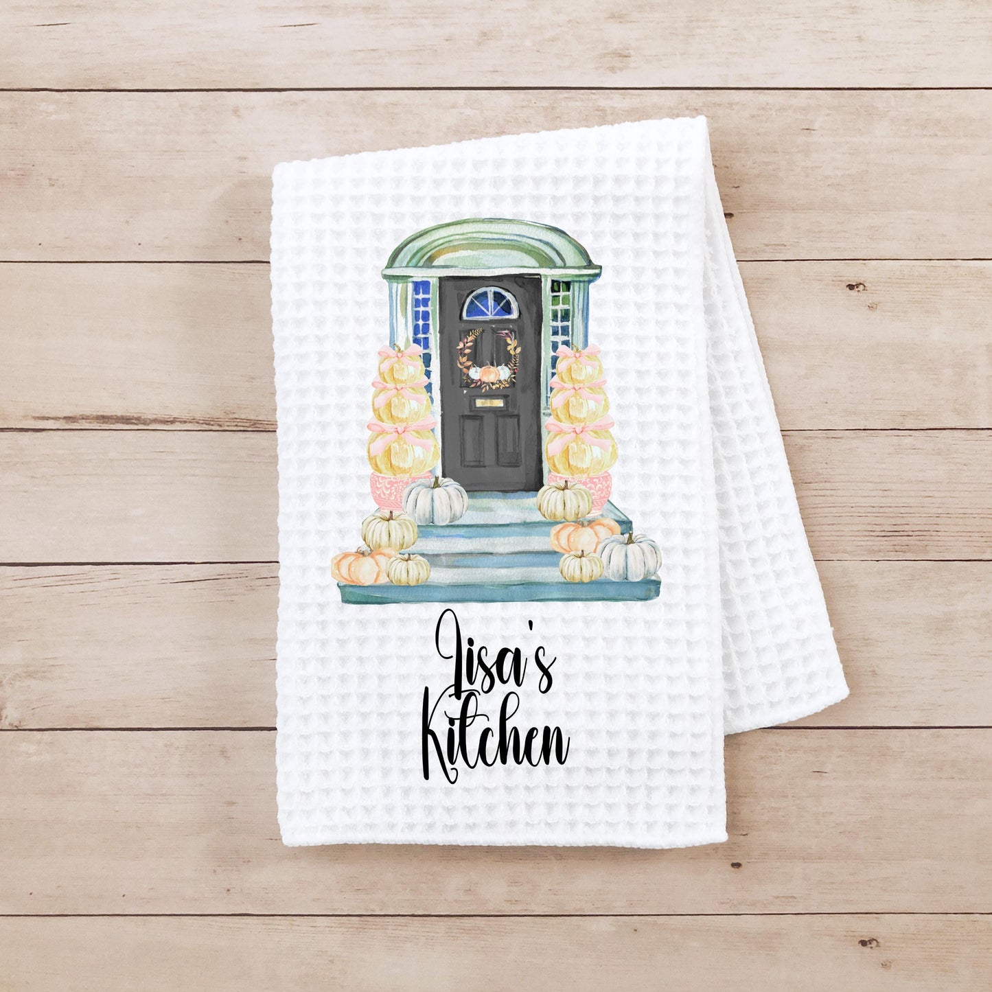 Personalized Fall Front Door Towel with Autumn Porch Scene - Perfect Thanksgiving Hostess Gift