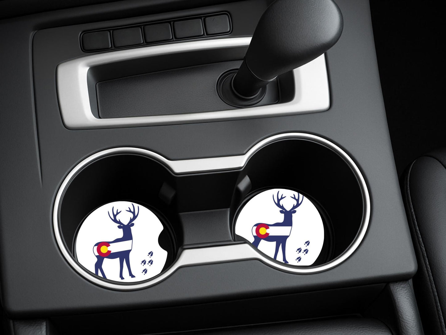 Whimsical Deer Print Car Coasters - Set of 2, Colorado Logo, Sandstone Coasters