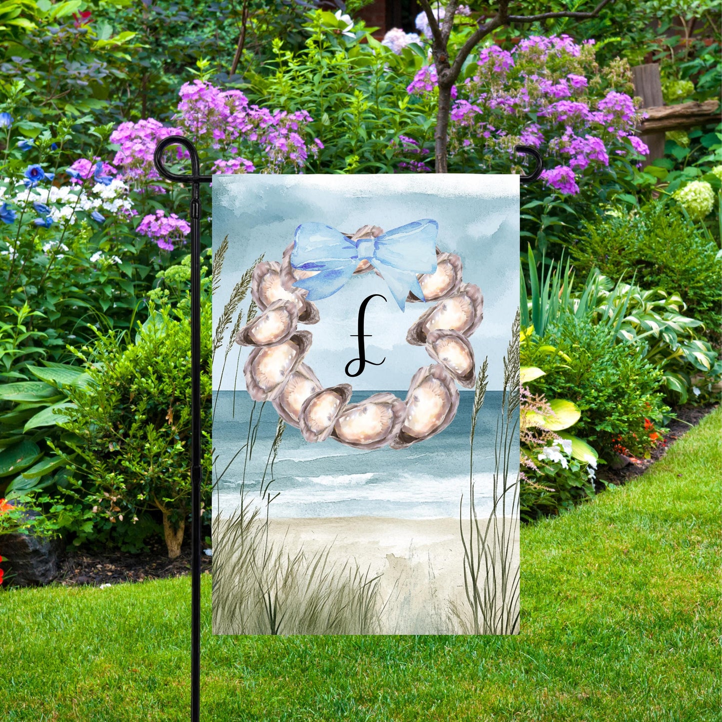 Custom Beach Initial Garden Flag with Oyster Wreath Blue Bow Decoration