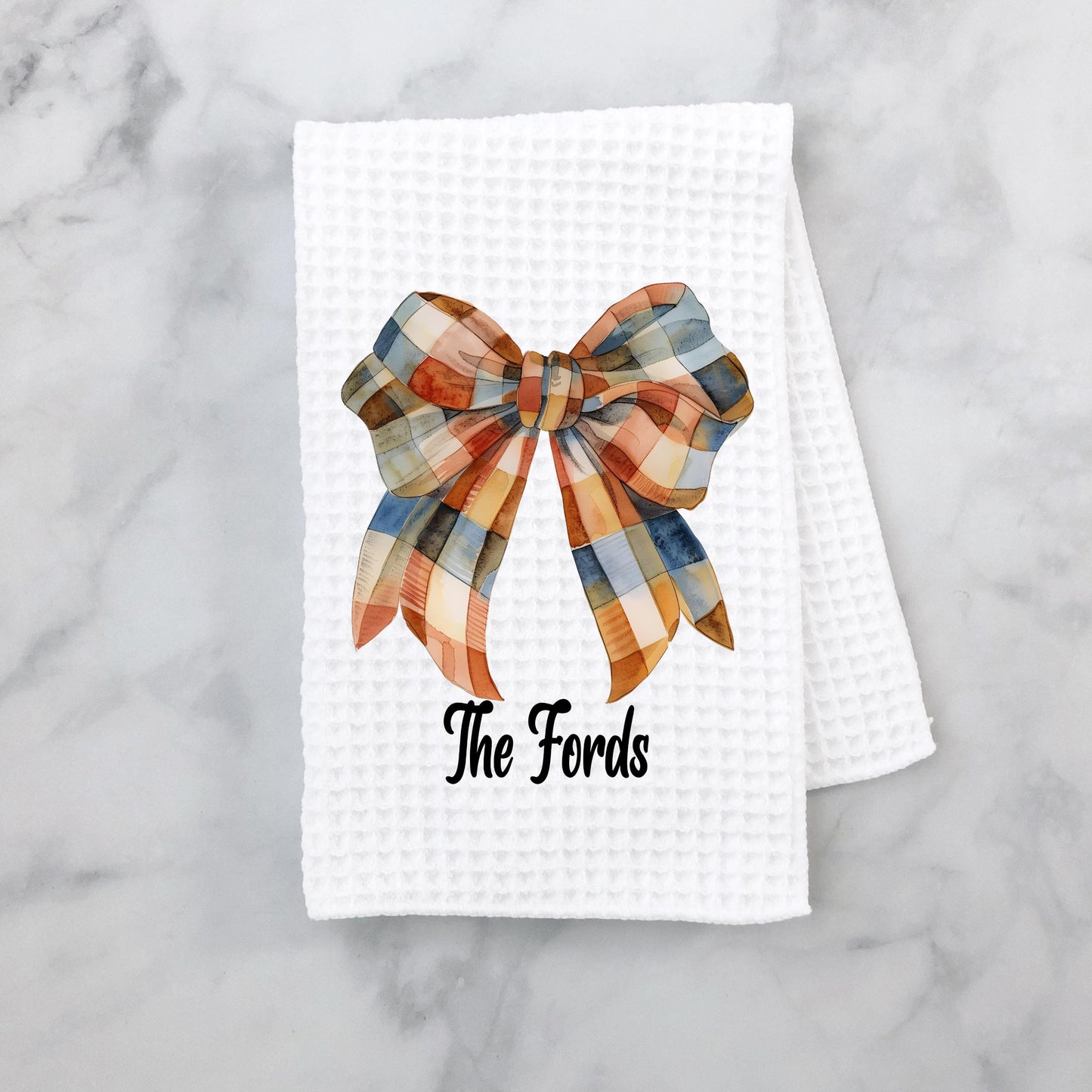 Personalized Gingham Bow Waffle Weave Towel - Custom Kitchen Decor Unique Autumn Gift for Her