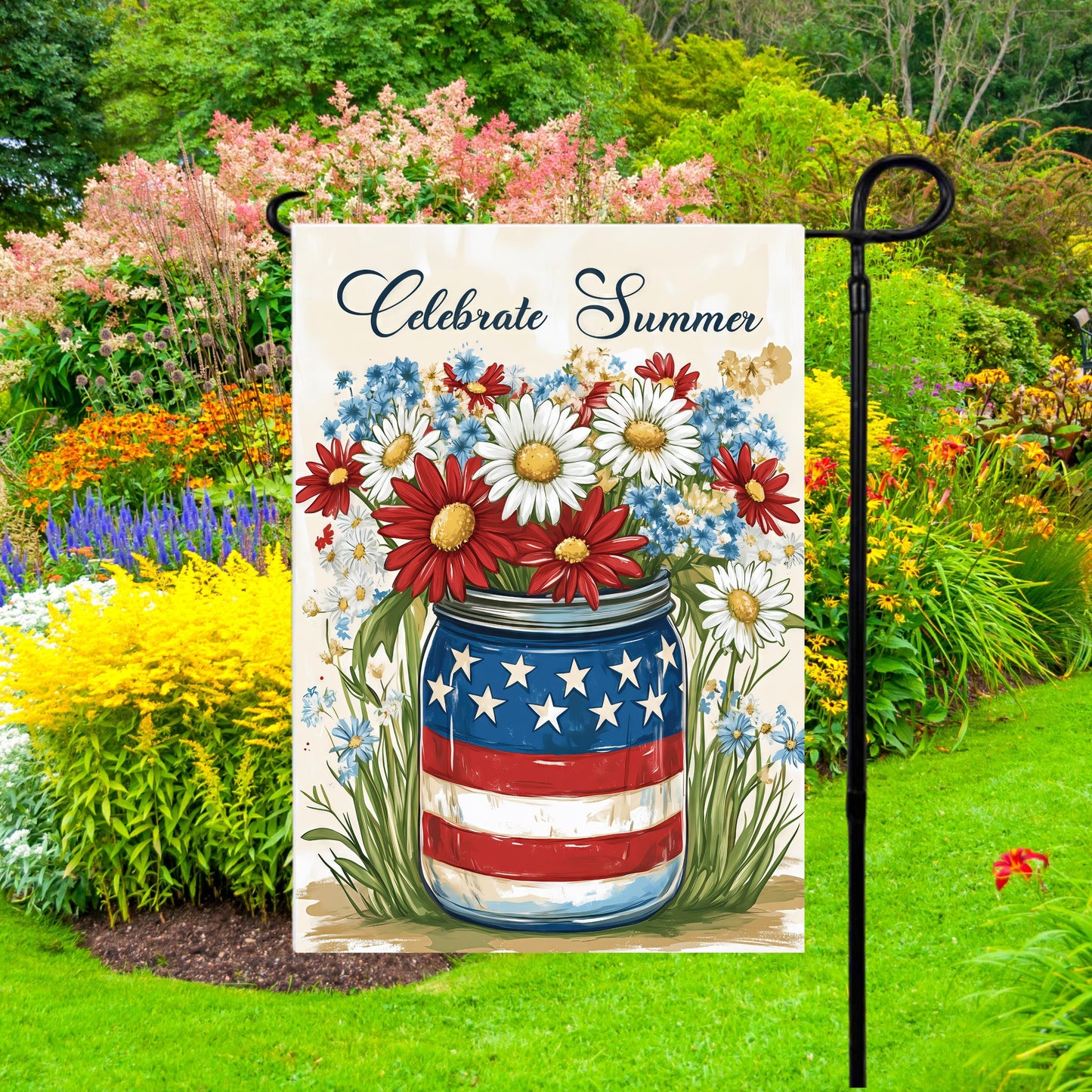 Patriotic Mason Jar Garden Flag, Celebrate Summer Design,