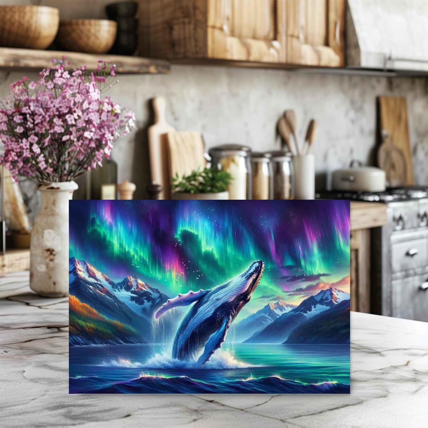 Humpback Whale Tempered Glass Cutting Board 11x15 Kitchen Art with Northern Lights Over Alaska Unique Ocean Wildlife Decor