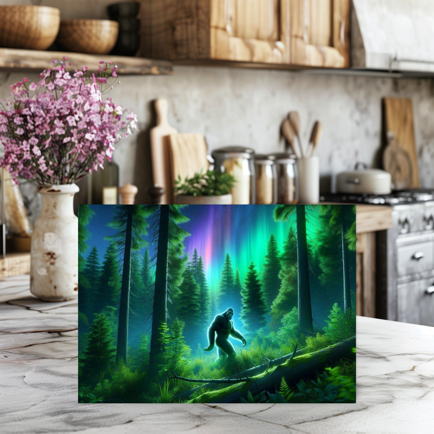 Tempered Glass Cutting Board featuring Bigfoot in the Forest - Unique Gift for Bigfoot Lovers