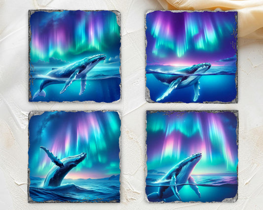 Humpback Whale Slate Coaster Set  Ocean Art Gift for Whale Lovers Featuring Northern Lights Design