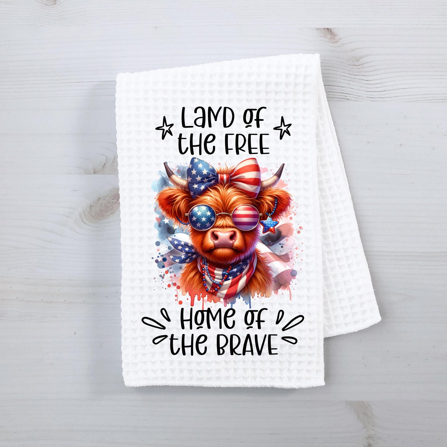 Patriotic Highland Cow Waffle Weave Towel - Unique Americana Kitchen Decor Hostess Gift for 4th of July
