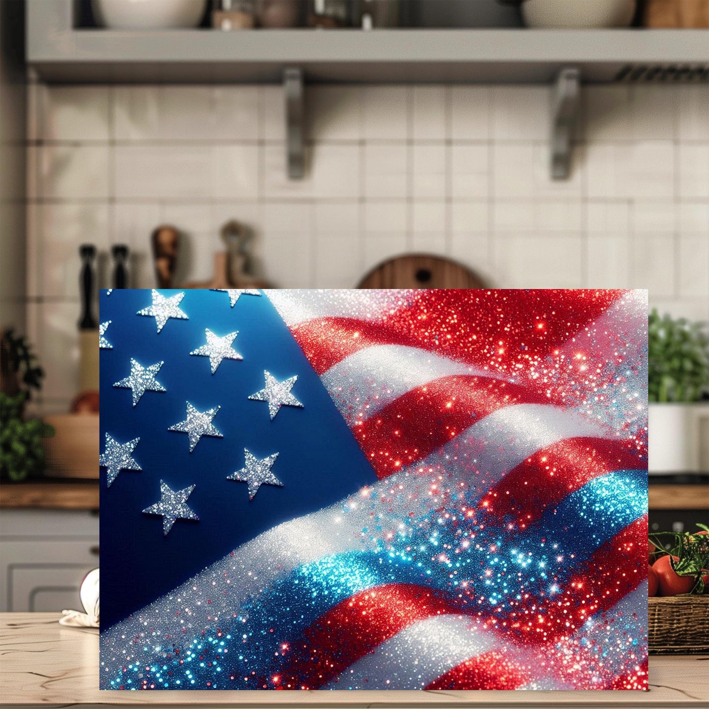 Patriotic Faux Glitter Cutting Board - Large Glass Kitchen Board for Hostess Gifts Countertop Decor