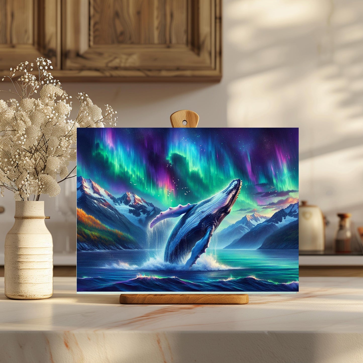 Humpback Whale Tempered Glass Cutting Board 11x15 Kitchen Art with Northern Lights Over Alaska Unique Ocean Wildlife Decor
