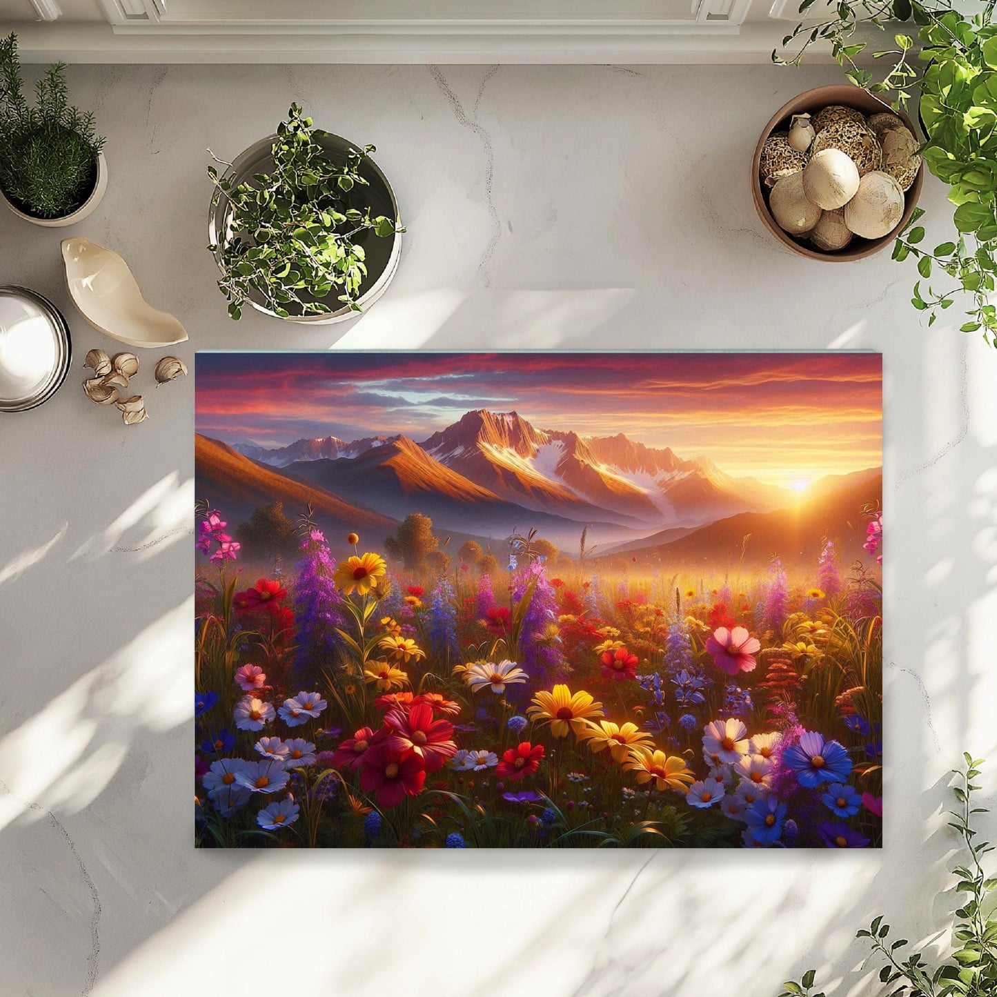 Mountain Valley Sunset Cutting Board with Wildflowers Snow-Capped Peaks - Perfect Gift for Outdoor Lovers Hostess