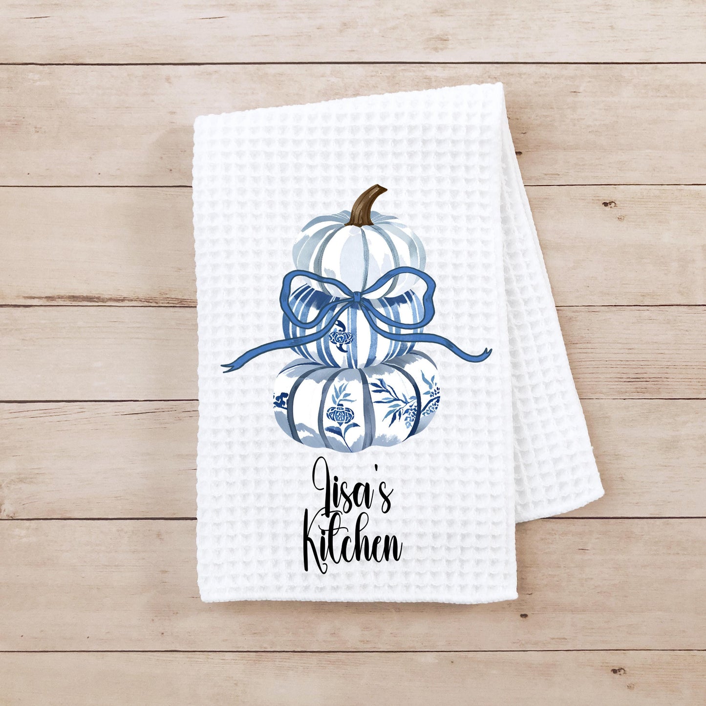 Personalized Blue Pumpkin Topiary Towel - 16x24 Waffle Weave Microfiber with Bow for Chinoiserie Fall Decor