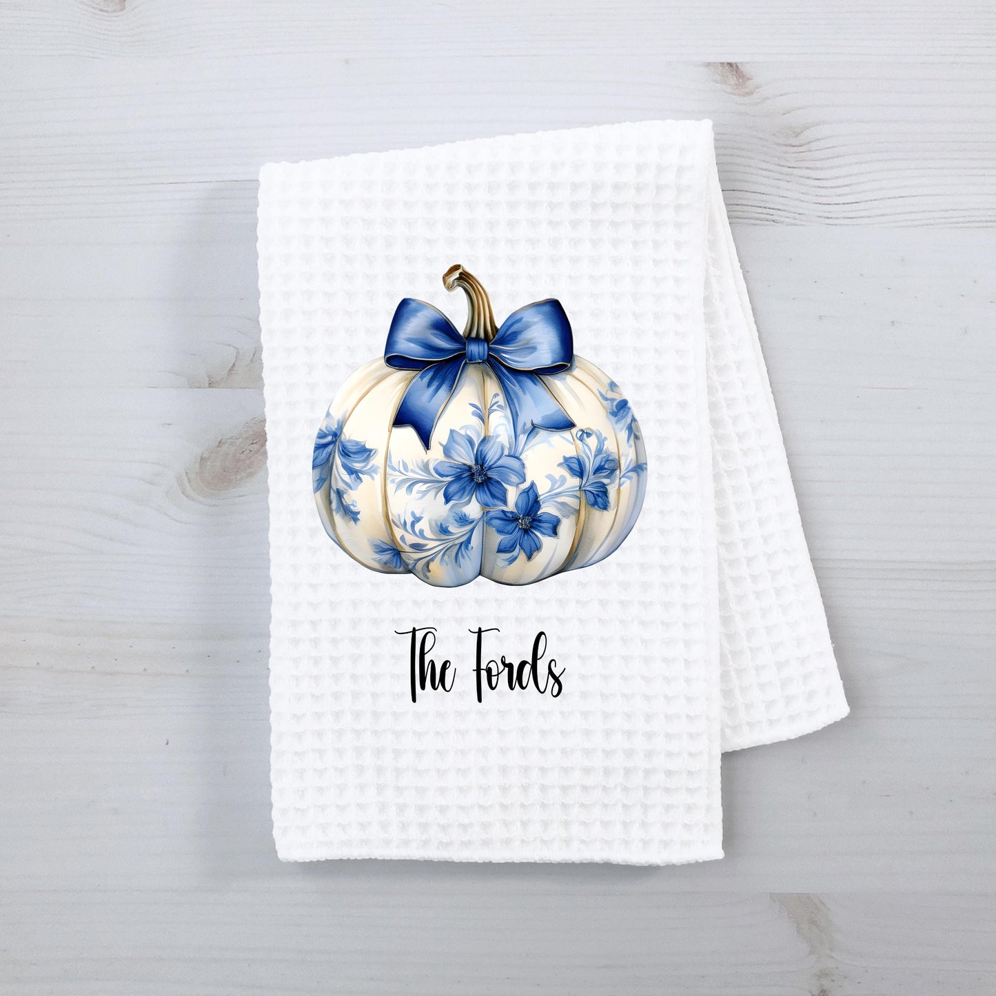 Custom Waffle Weave Towel with Chinoiserie Coquette Pumpkin Blue Bow Design