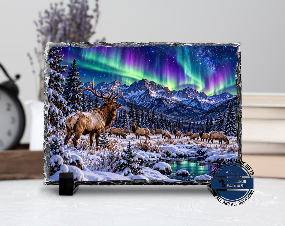 Elk Herd Slate Plaque, Northern Lights Wildlife Art, Rustic Mountain Cabin Decor