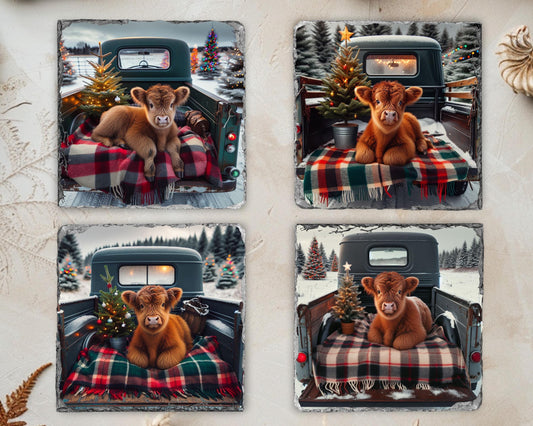 Highland Cow Christmas Coaster Set with Rack - Rustic Slate Coasters Featuring Baby Cow in Truck Perfect for Farmhouse Decor