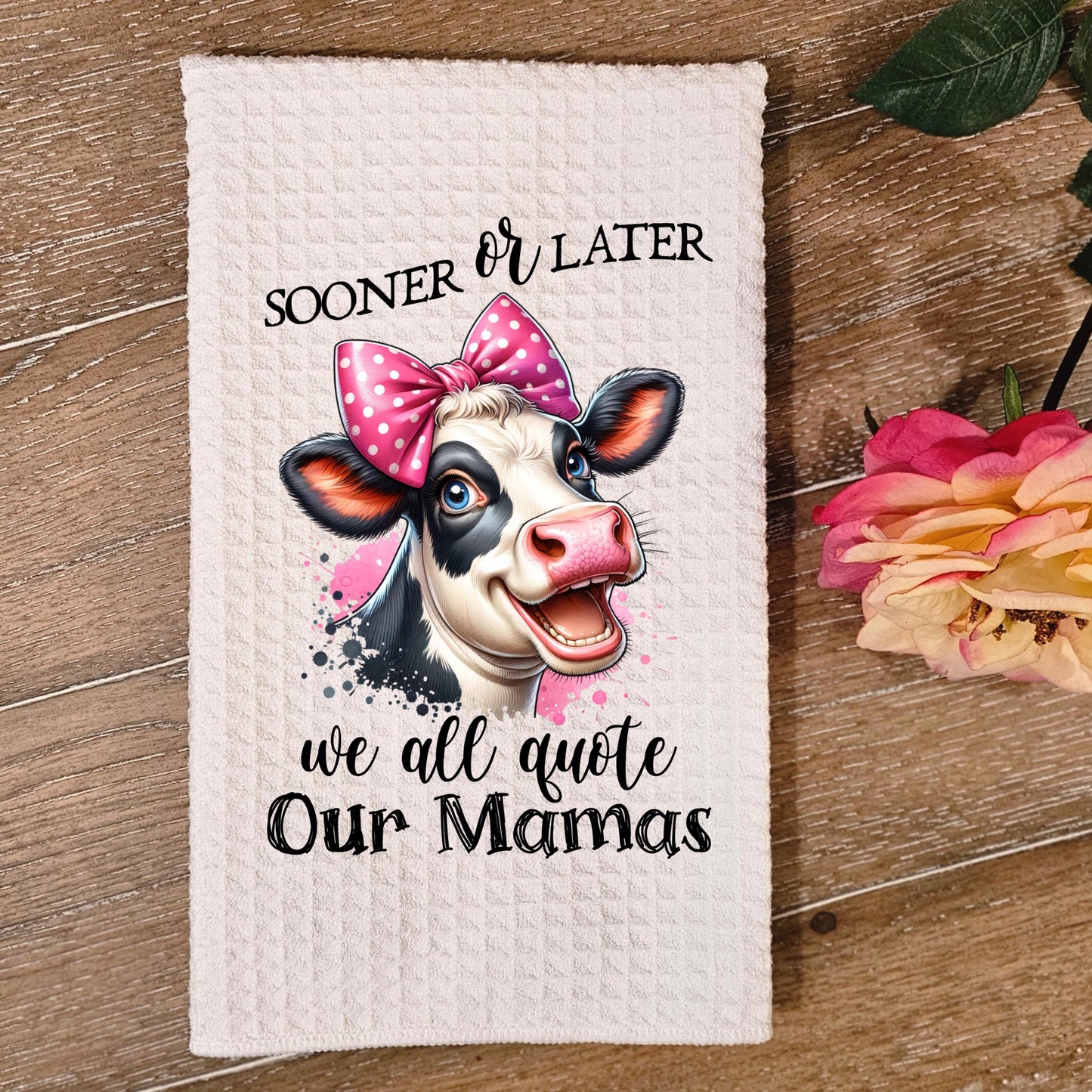 Witty Cow Head Kitchen Towel with Pink Bow Fun Quote for Moms Unique Gift for Daughters