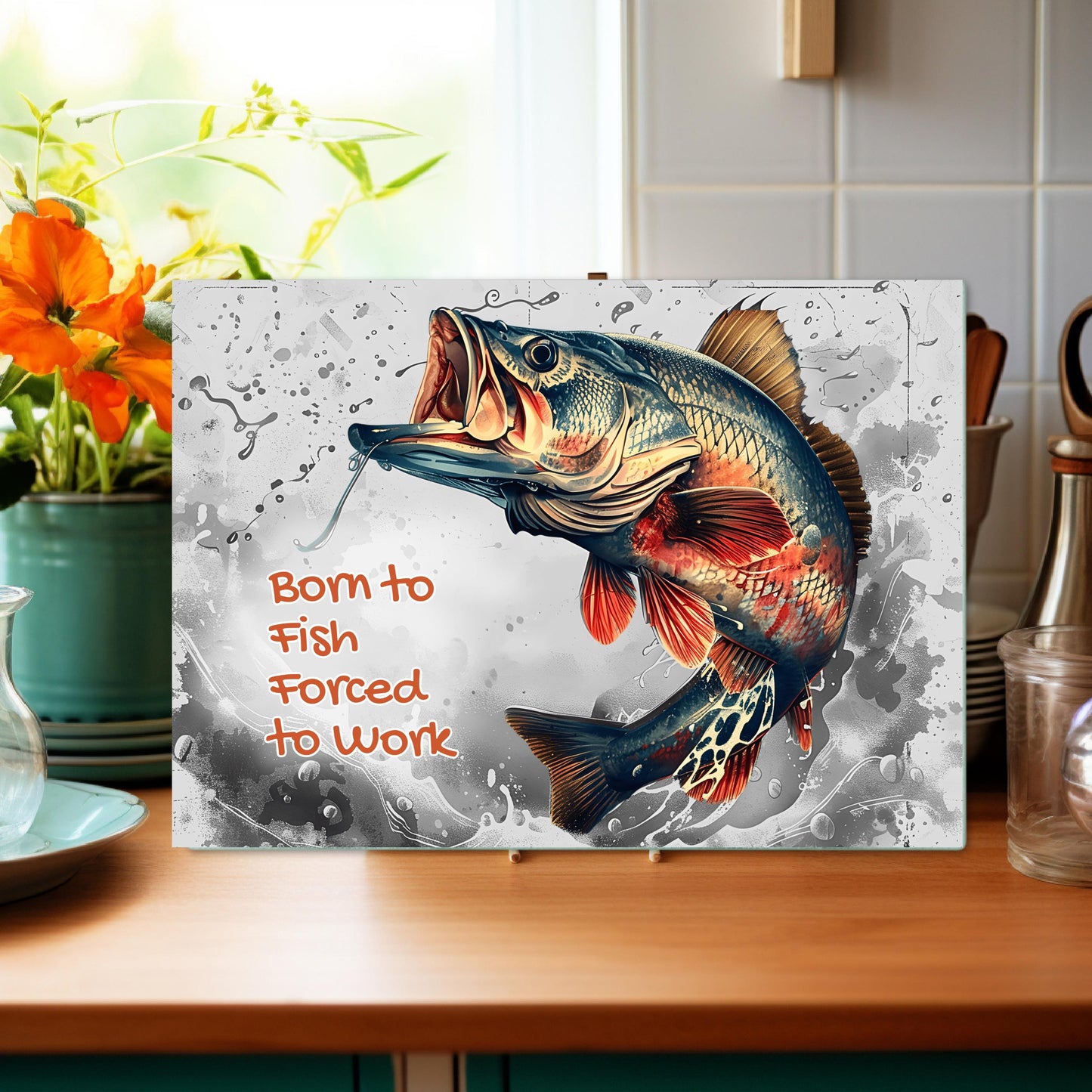 Born To Fish Tempered Glass Cutting Board 11x15 Kitchen Art - Perfect Fishing Gift for Dad or Him