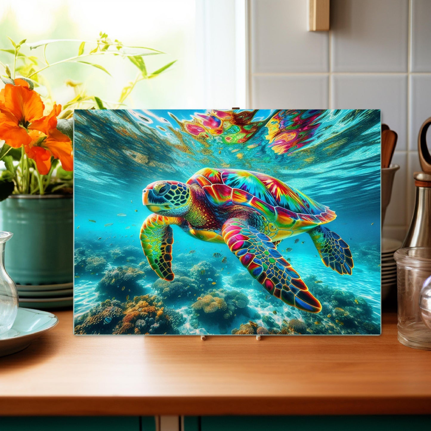 Rainbow Sea Turtle Cutting Board Unique Ocean-Themed Kitchen Decor Gift for Sea Turtle Lovers