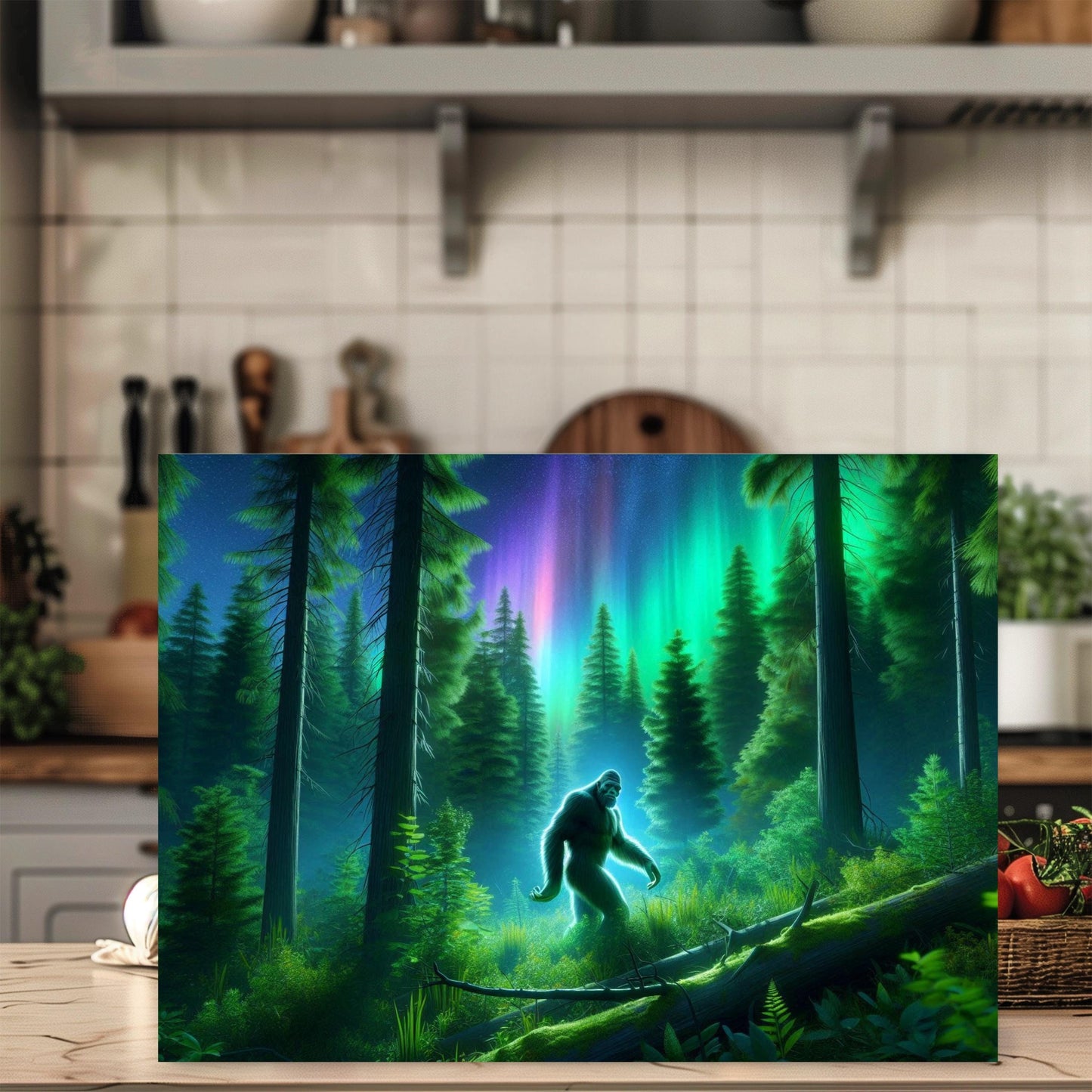 Tempered Glass Cutting Board featuring Bigfoot in the Forest - Unique Gift for Bigfoot Lovers