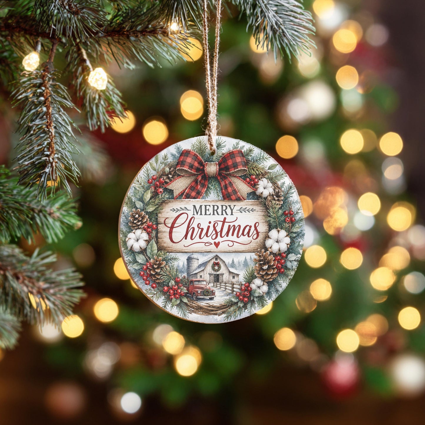Ceramic Christmas Ornament, Farmhouse Wreath Scene, 3 Inch, Ribbon
