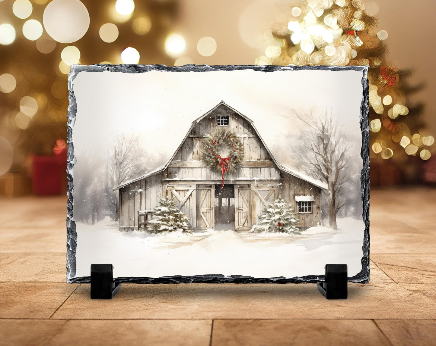 Rustic Christmas Slate Plaque with Barn Scene Wreath Snow Perfect Holiday Decor Gift
