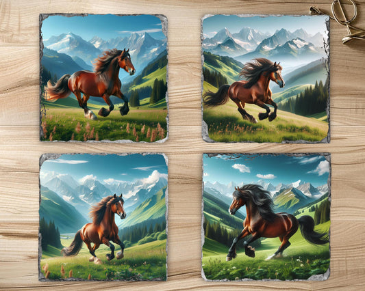 Horse Slate Coaster Set with Rack - Rustic Mountain Valley Art for Equestrian Farmhouse Decor