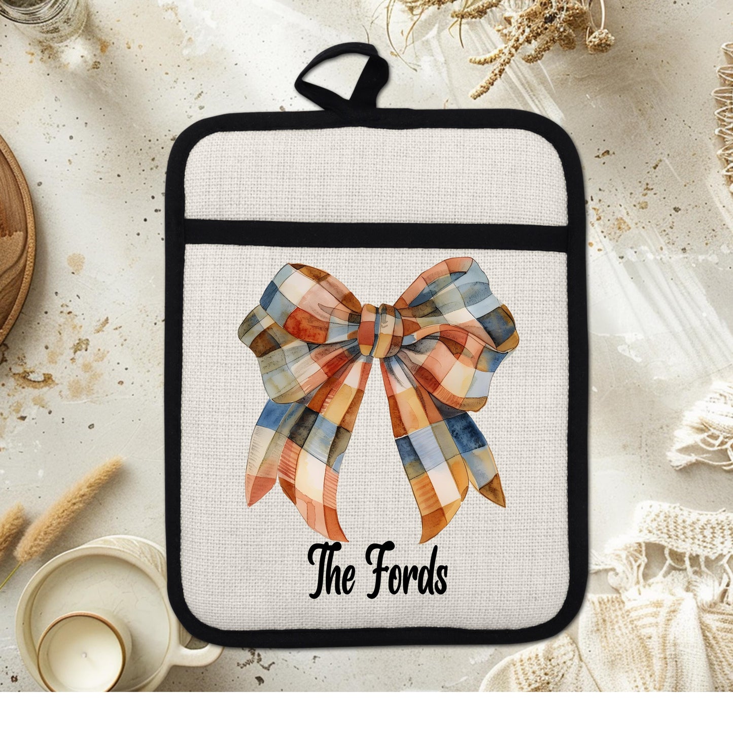 Personalized Fall Gingham Pot Holder - Unique Hostess Gift for Thanksgiving Autumn Kitchen Decor