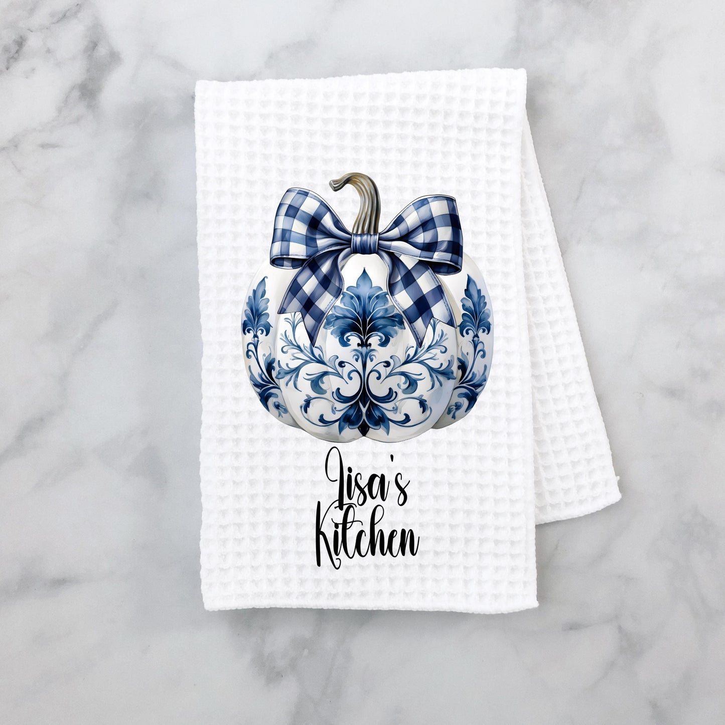 Personalized Chinoiserie Pumpkin Waffle Towel - Unique Hostess Gift