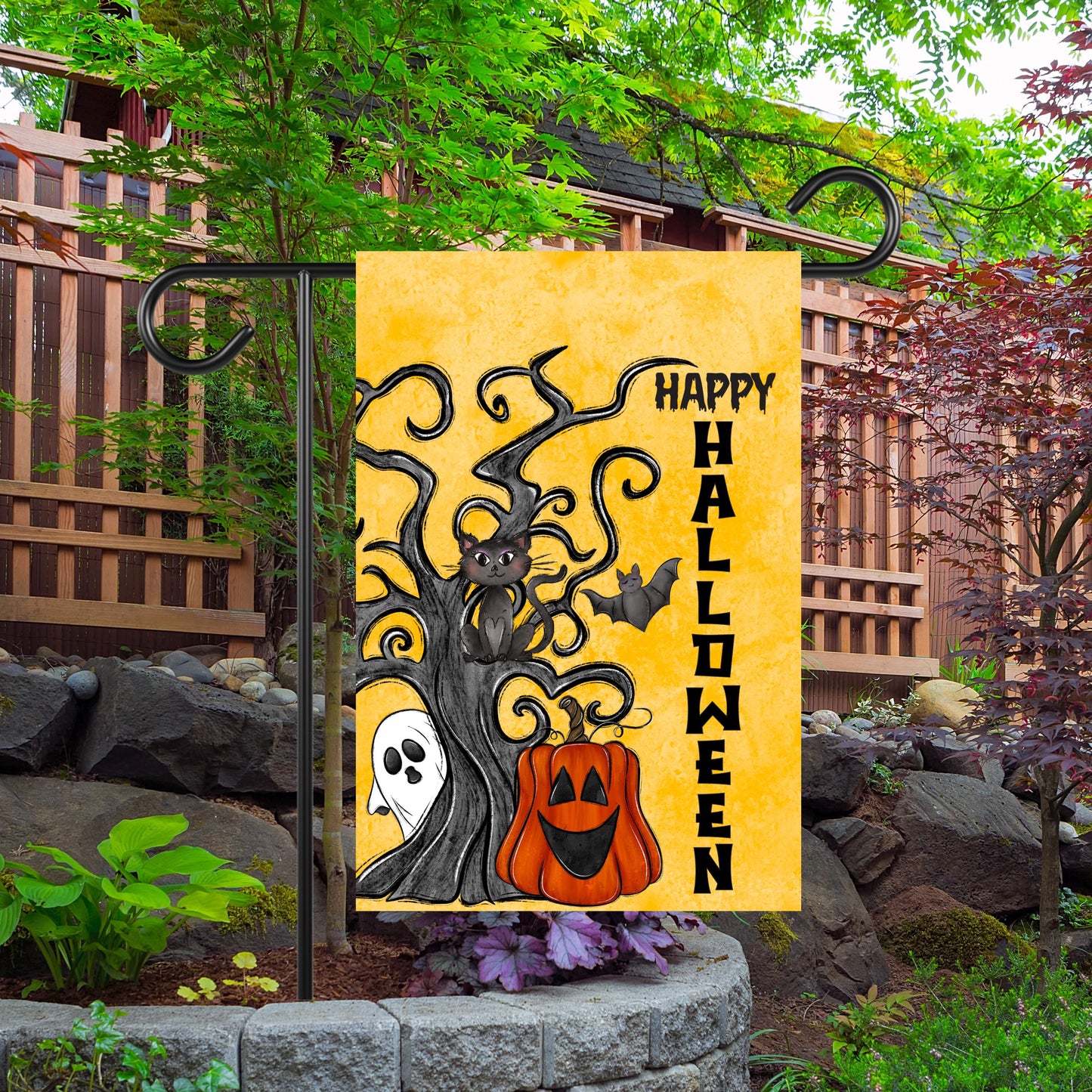 Double-Sided Halloween Garden Flag 12x18 with Spooky Tree Ghost Design