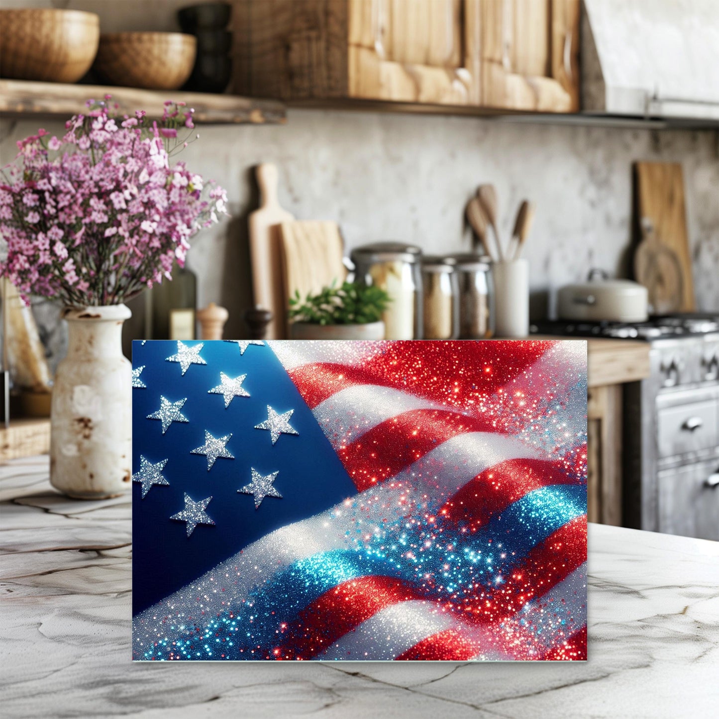 Patriotic Faux Glitter Cutting Board - Large Glass Kitchen Board for Hostess Gifts Countertop Decor