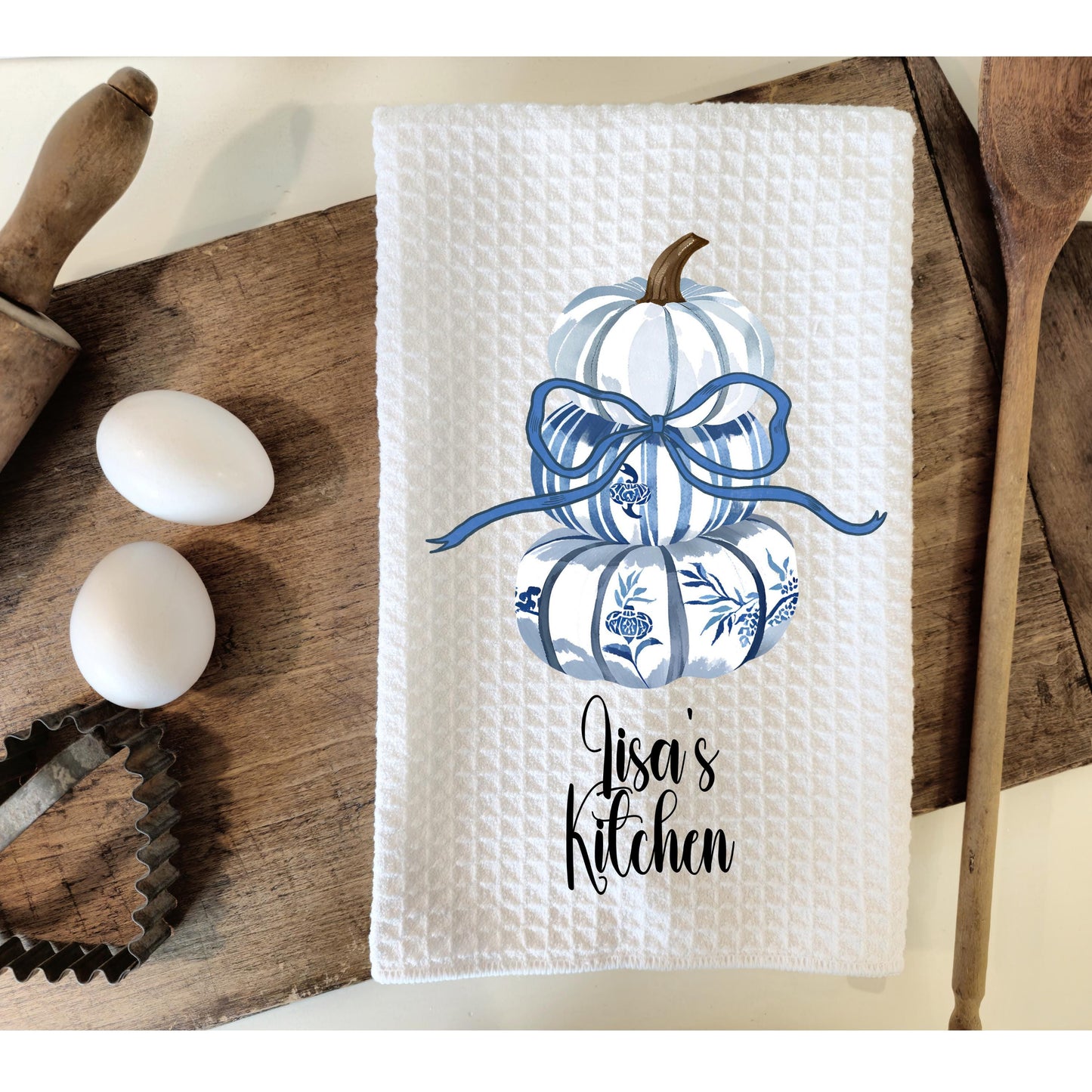 Personalized Blue Pumpkin Topiary Towel - 16x24 Waffle Weave Microfiber with Bow for Chinoiserie Fall Decor