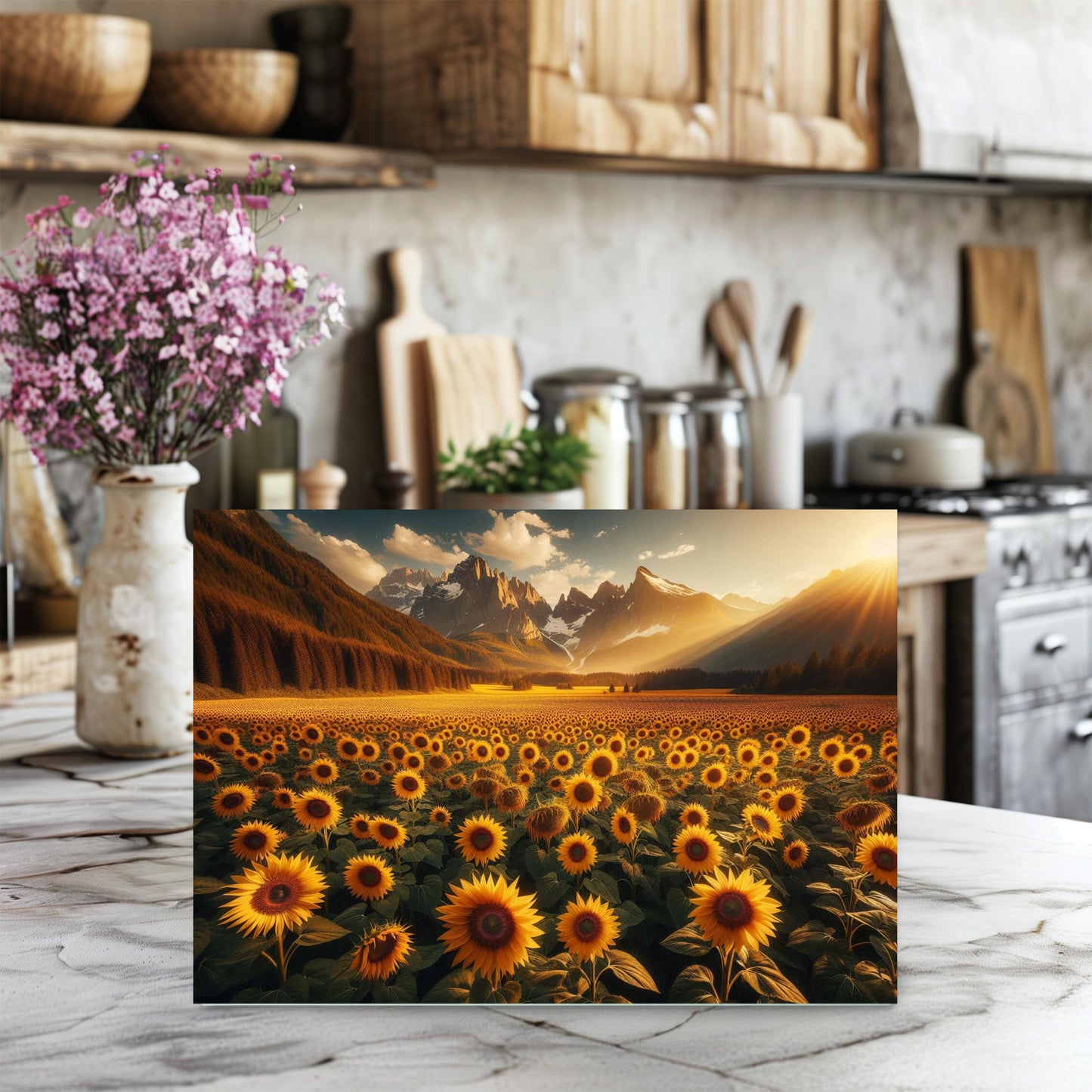 Sunflower Mountain Glass Cutting Board with Sunset Landscape Design