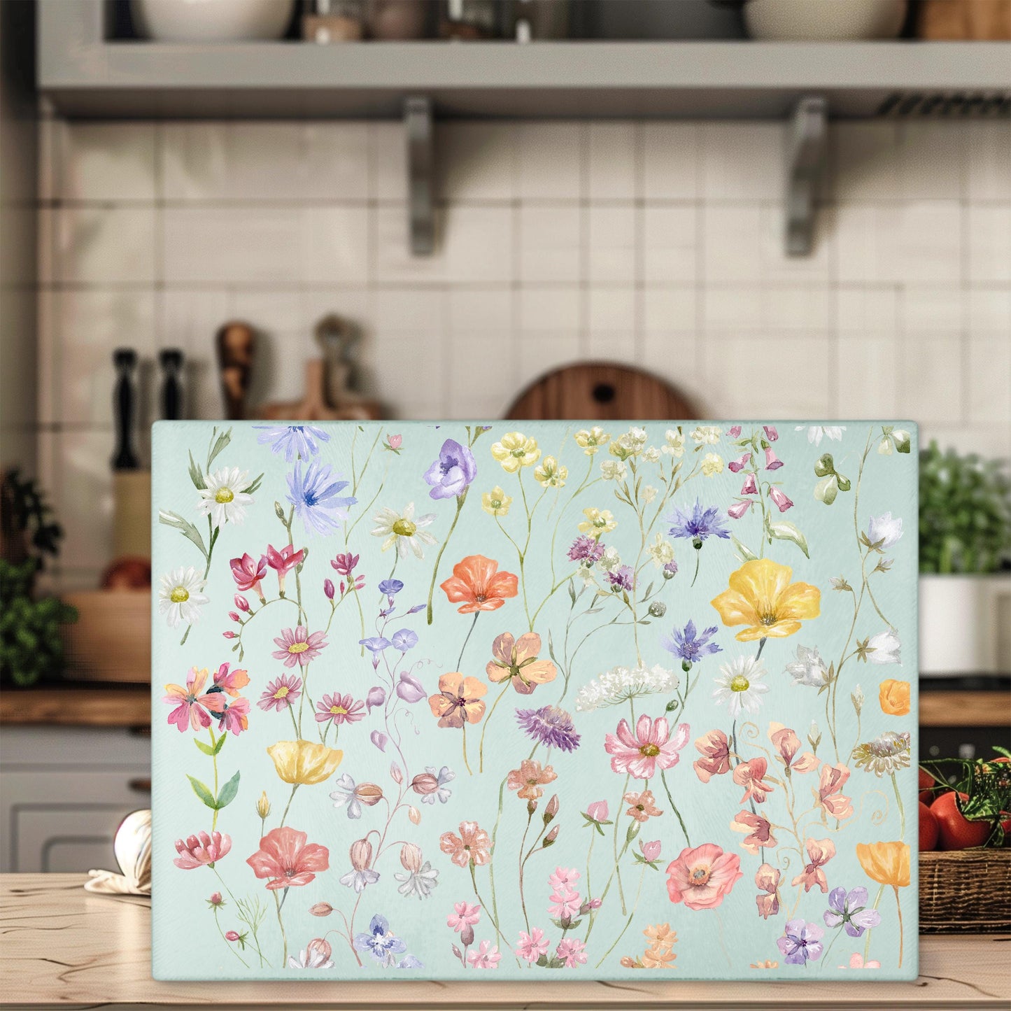 Boho Wildflowers Glass Cutting Board - Unique Kitchen Decor Perfect Hostess Gift