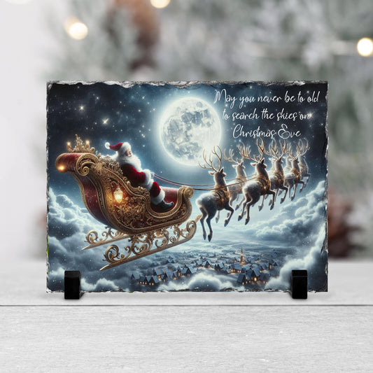 Handcrafted Holiday Slate Art with Santa  Reindeer  Full Moon Scene for Festive Home Decor
