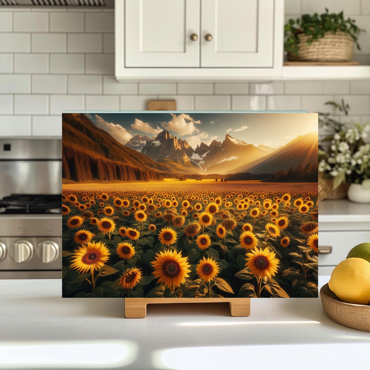 Sunflower Mountain Glass Cutting Board with Sunset Landscape Design
