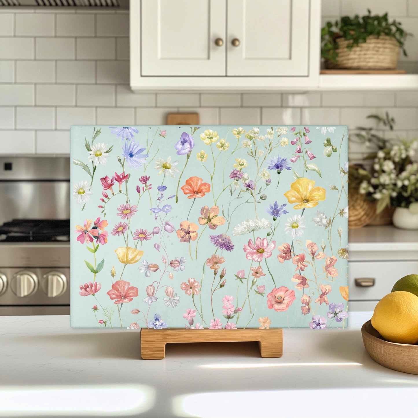Boho Wildflowers Glass Cutting Board - Unique Kitchen Decor Perfect Hostess Gift