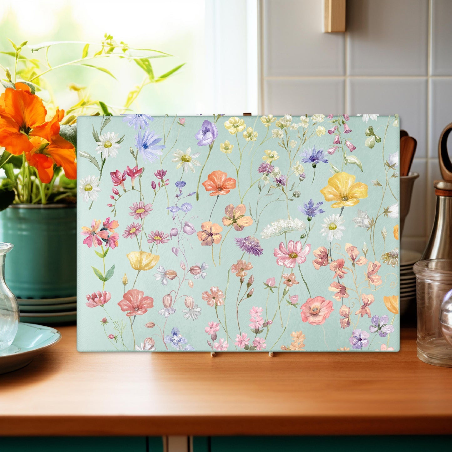 Boho Wildflowers Glass Cutting Board - Unique Kitchen Decor Perfect Hostess Gift